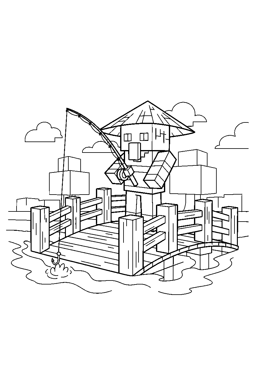 minecraft fisherman villager posing on wooden bridge line art