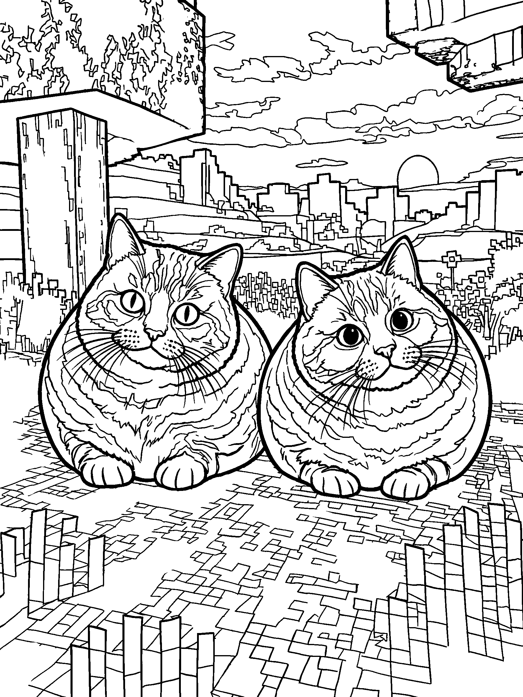 minecraft fluffy chonky cats in pixel world line art