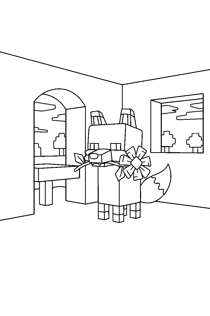 minecraft fox holding a flower inside a house line art