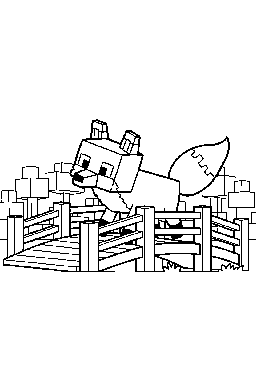 minecraft fox wandering curiously on a bridge line art