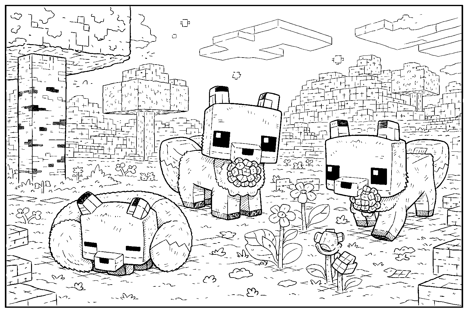 minecraft foxes sweet berries line art