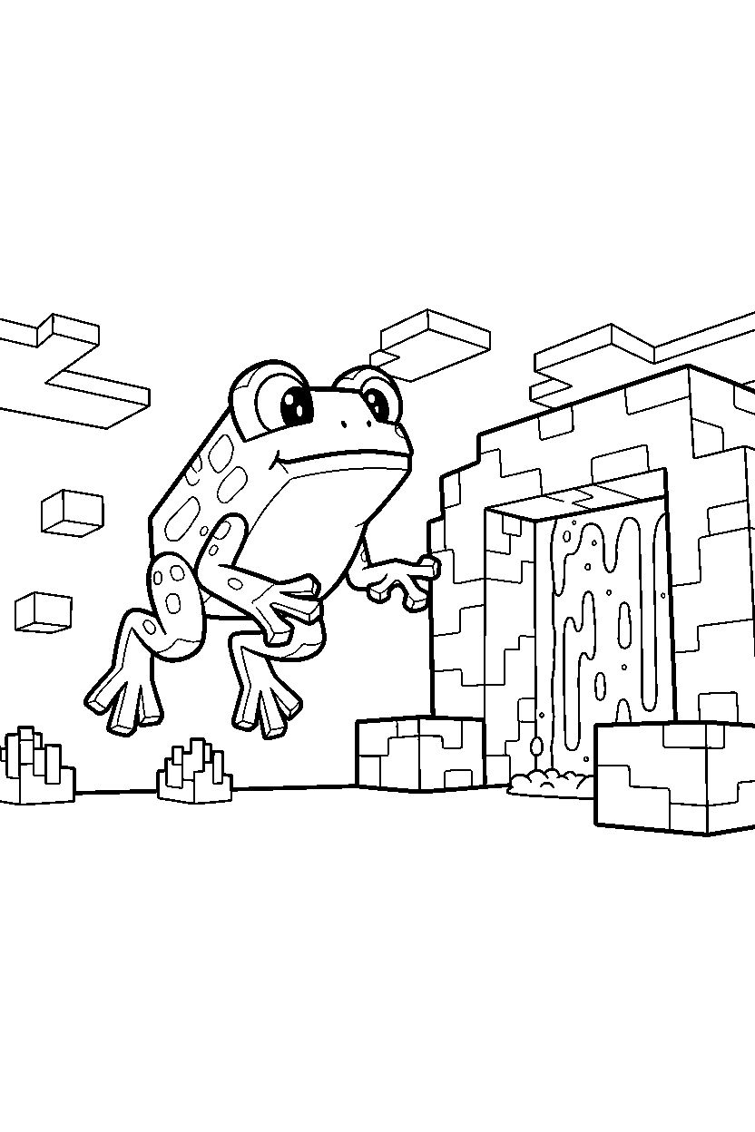 minecraft frog flying calmly near a lava cave line art
