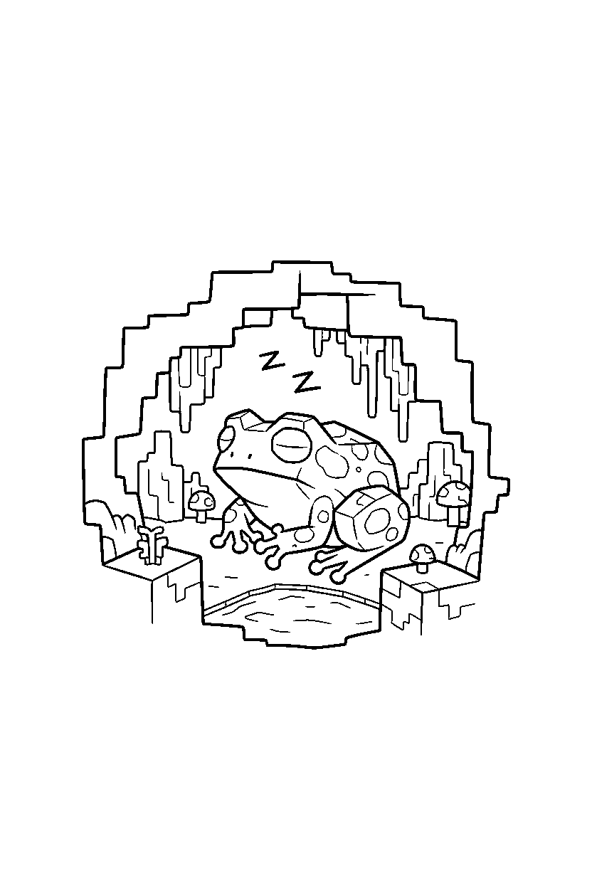 minecraft frog sleeping peacefully in a cave line art