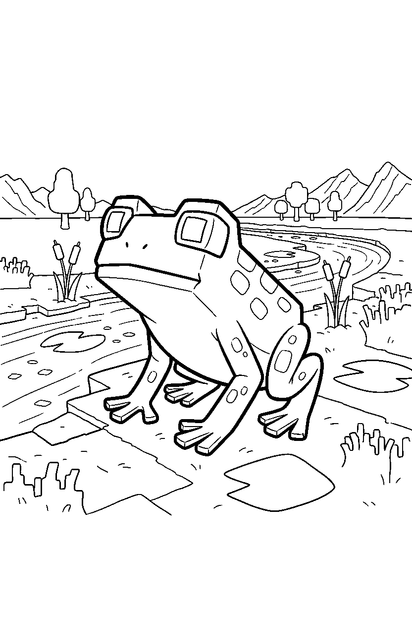 minecraft frog wandering curiously near a river line art