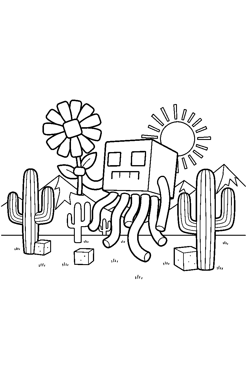 minecraft ghast holding a flower in a desert line art