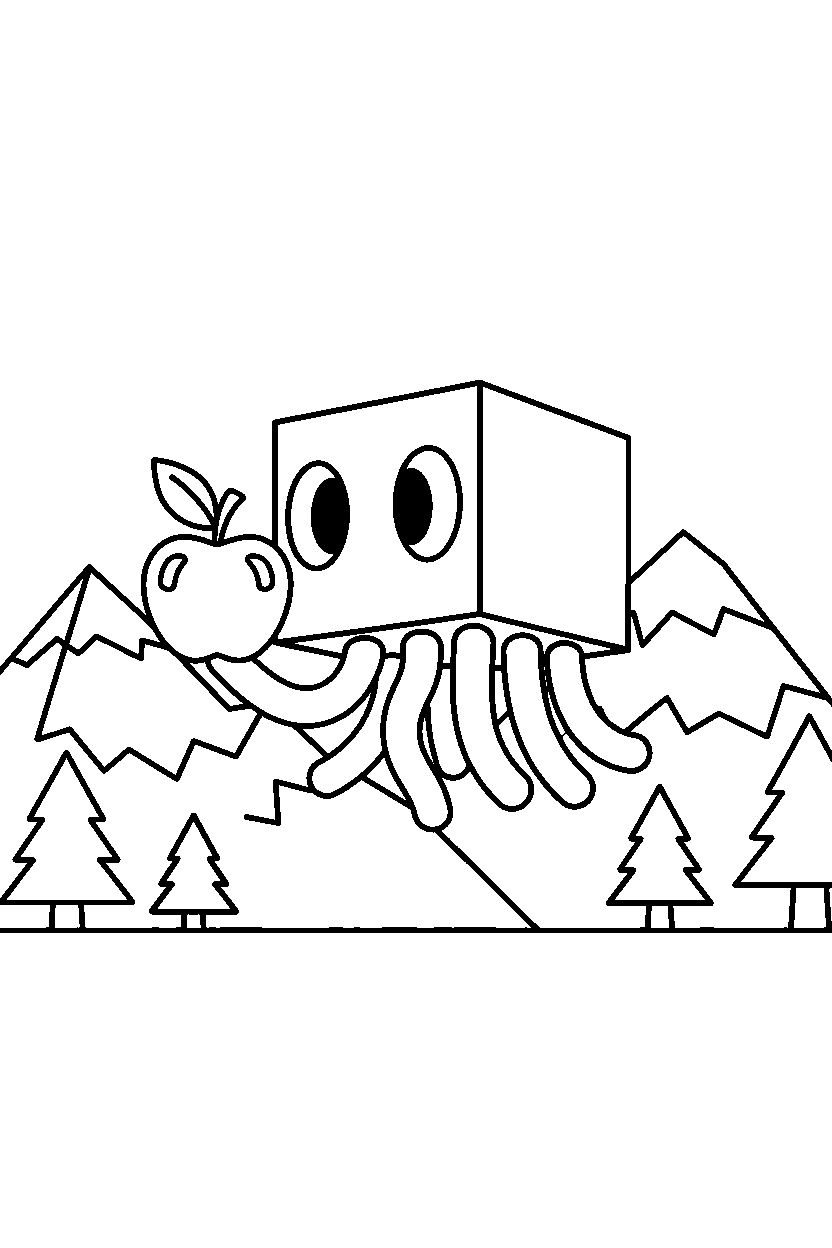 minecraft ghast holding an apple in mountains line art