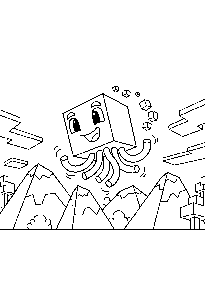 minecraft ghast jumping playfully in mountains line art