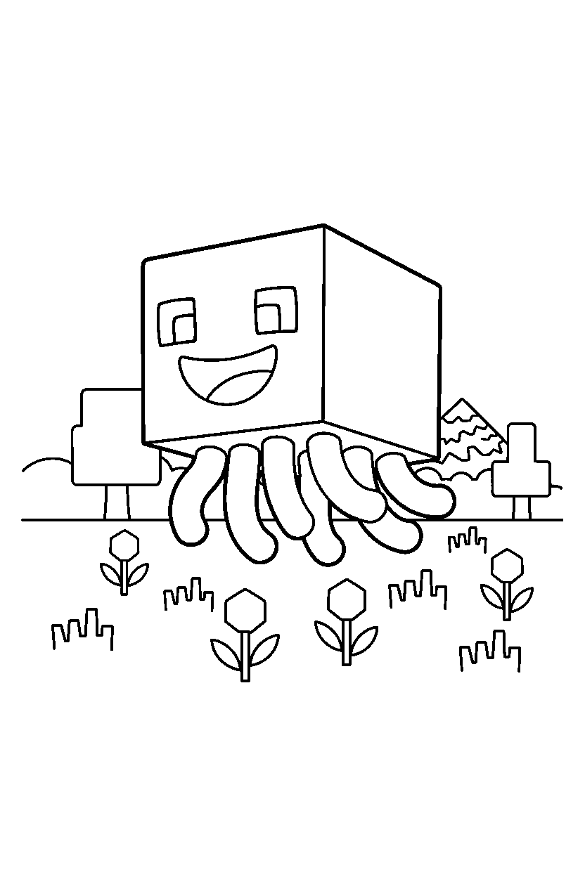 minecraft ghast posing happily in a meadow line art