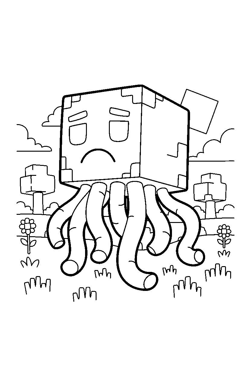 minecraft ghast resting calmly in a meadow line art