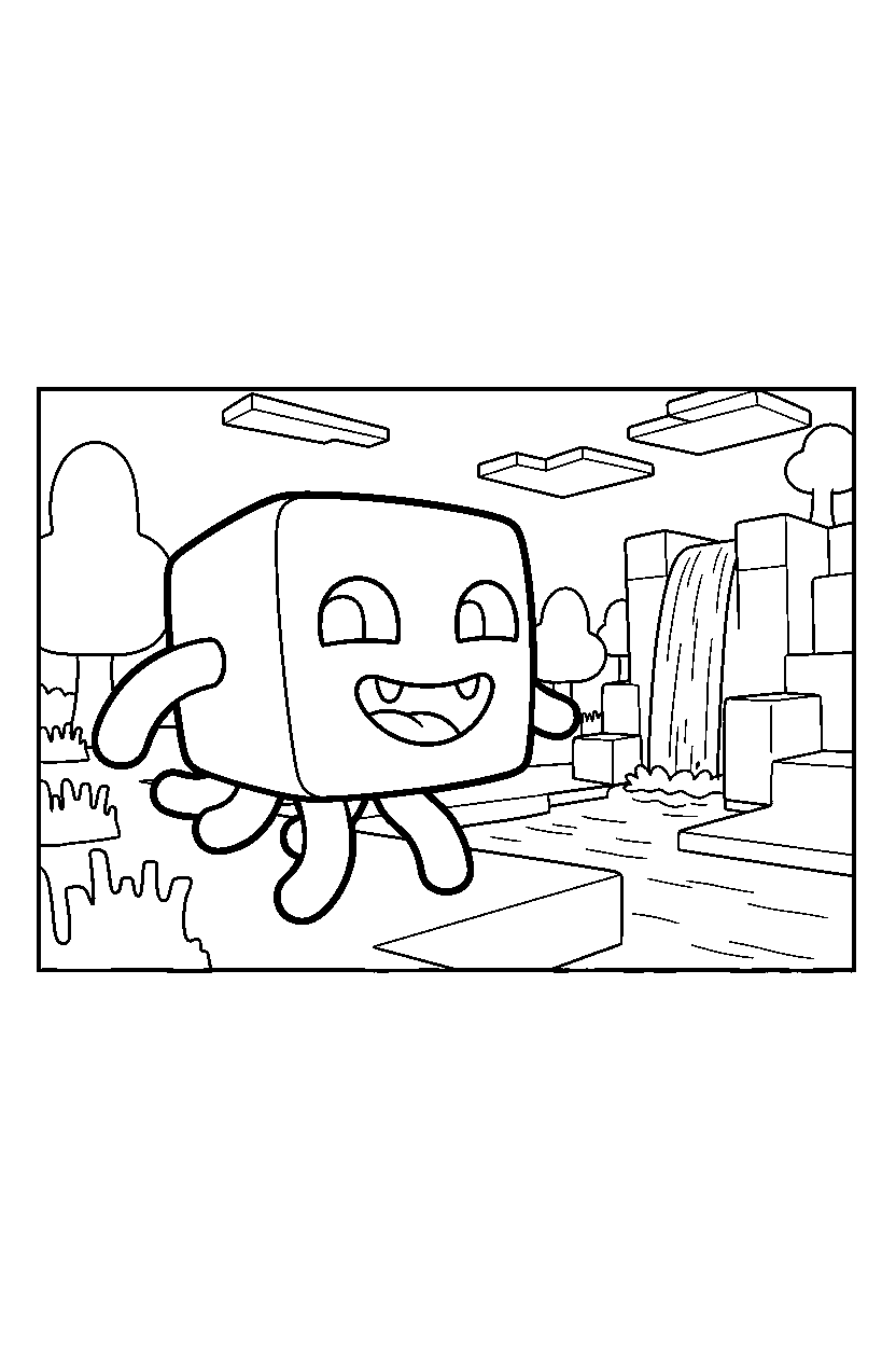 minecraft ghast walking happily near a waterfall line art