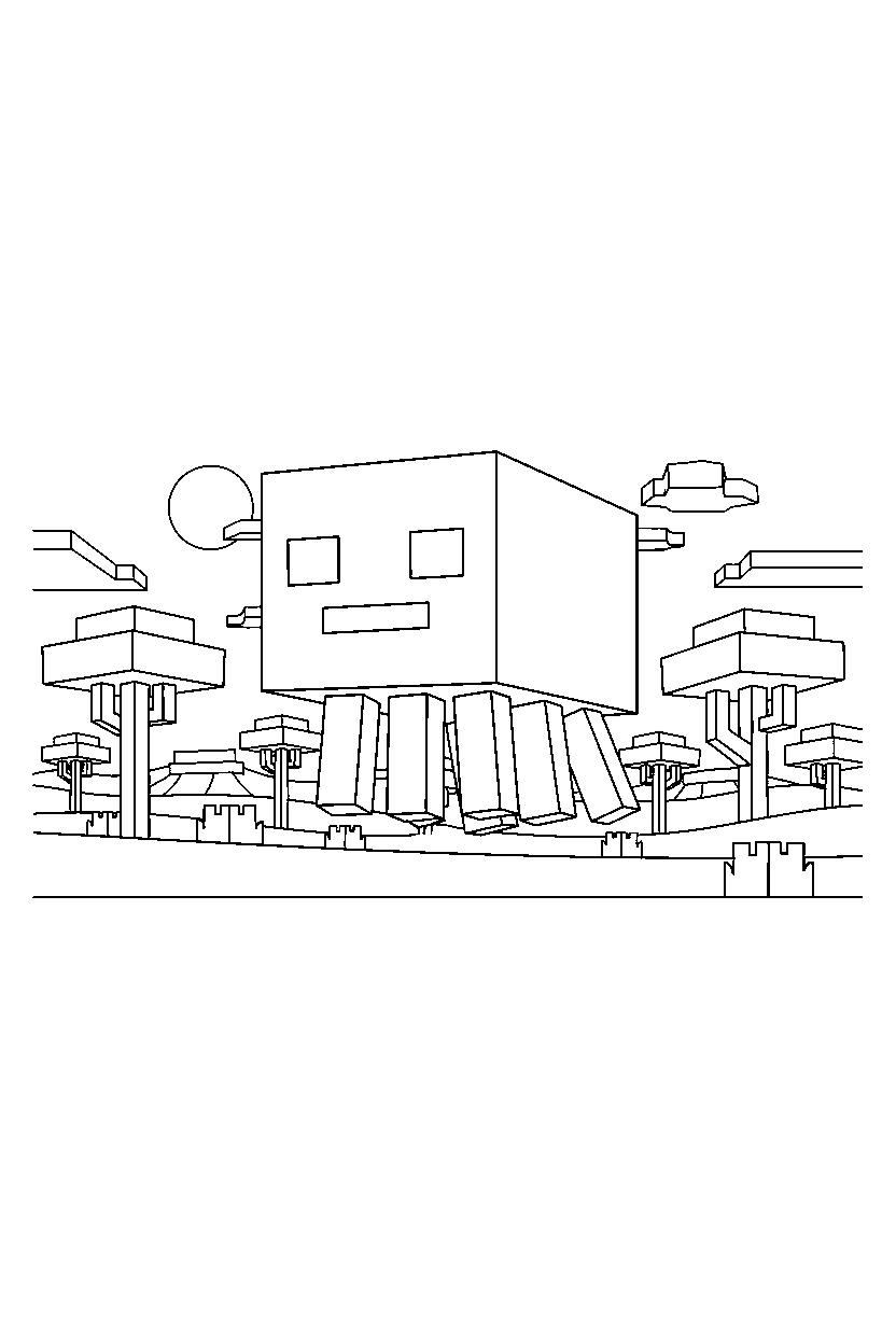 minecraft ghast watching calmly in a savanna line art