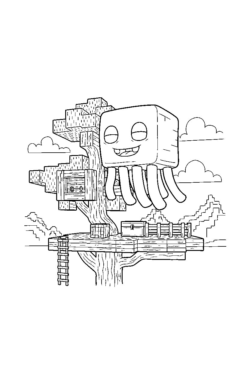 minecraft ghast watching calmly in a treehouse base line art