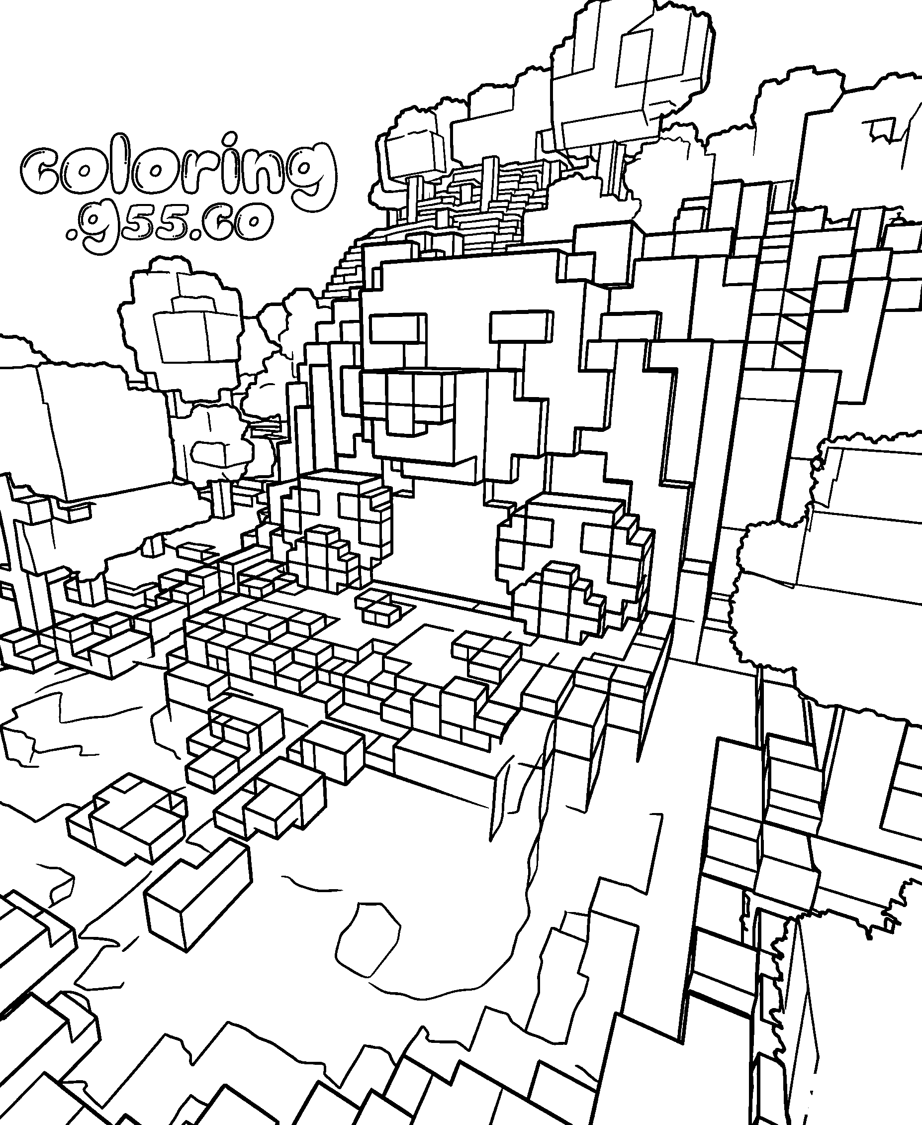 minecraft giant bear cave mountain hideout line art for kids