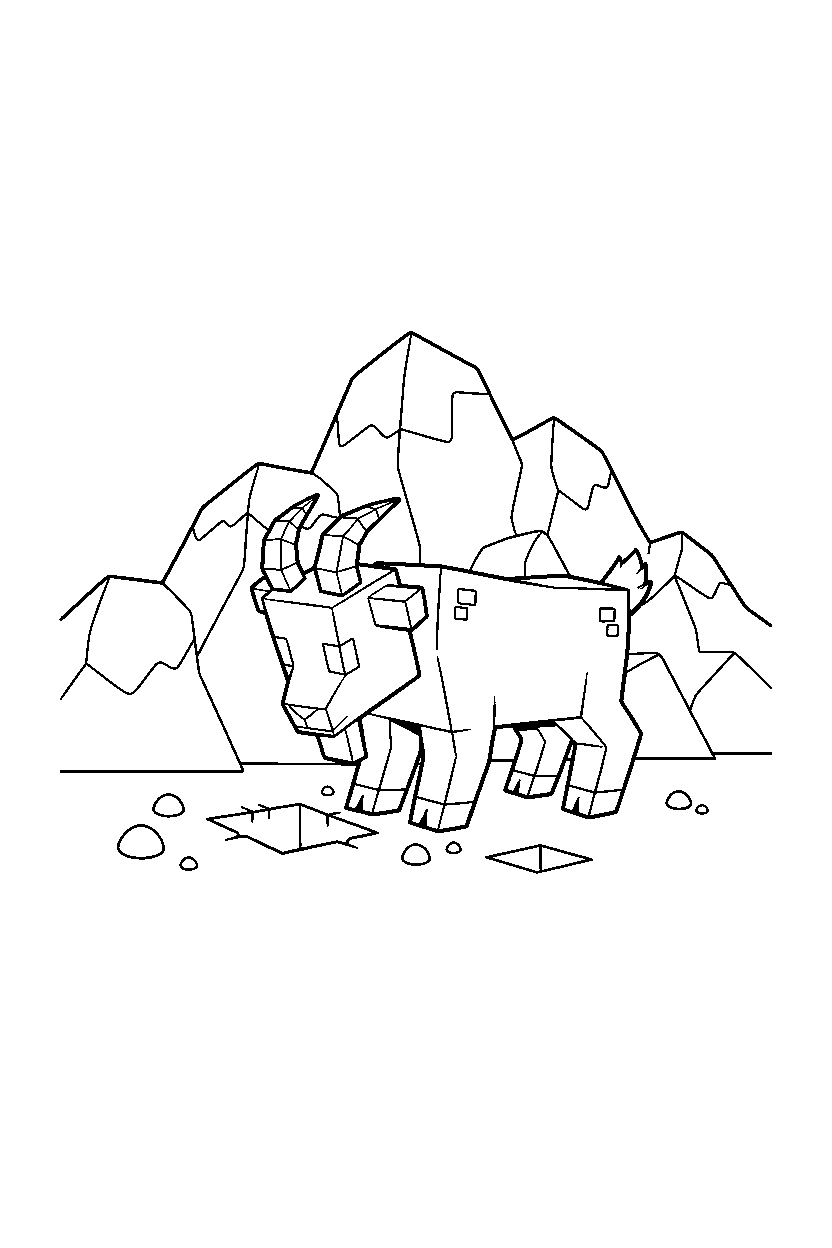 minecraft goat digging carefully in mountains line art