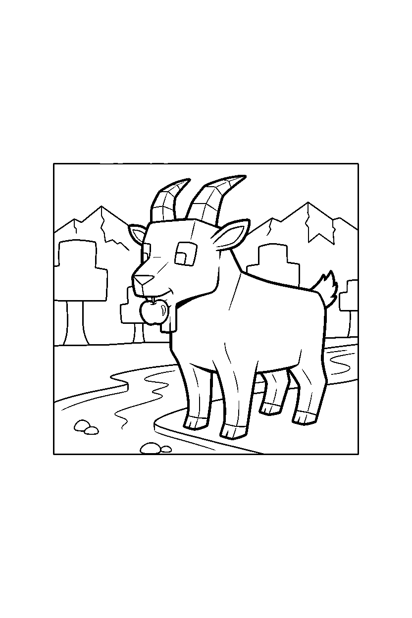 minecraft goat holding an apple near a river line art