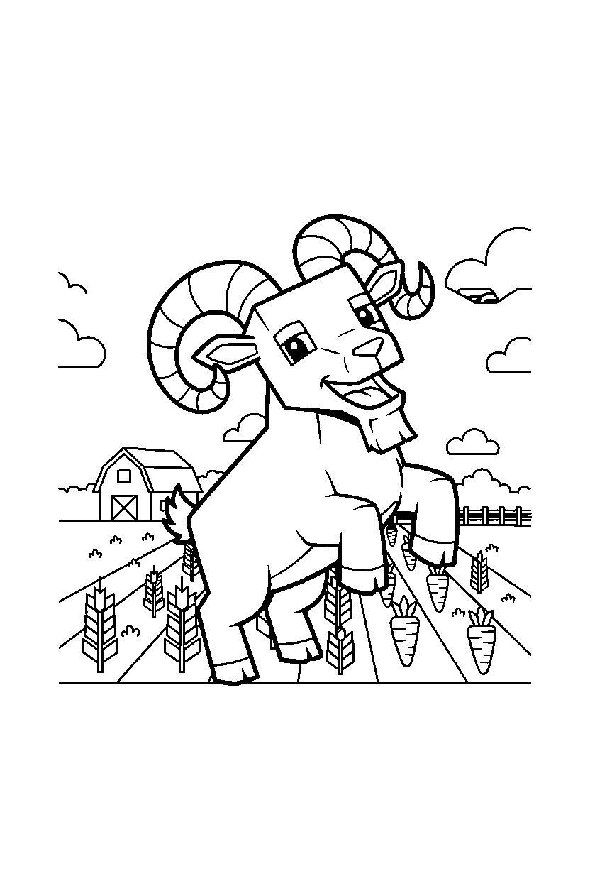 minecraft goat playing happily near a farm field line art