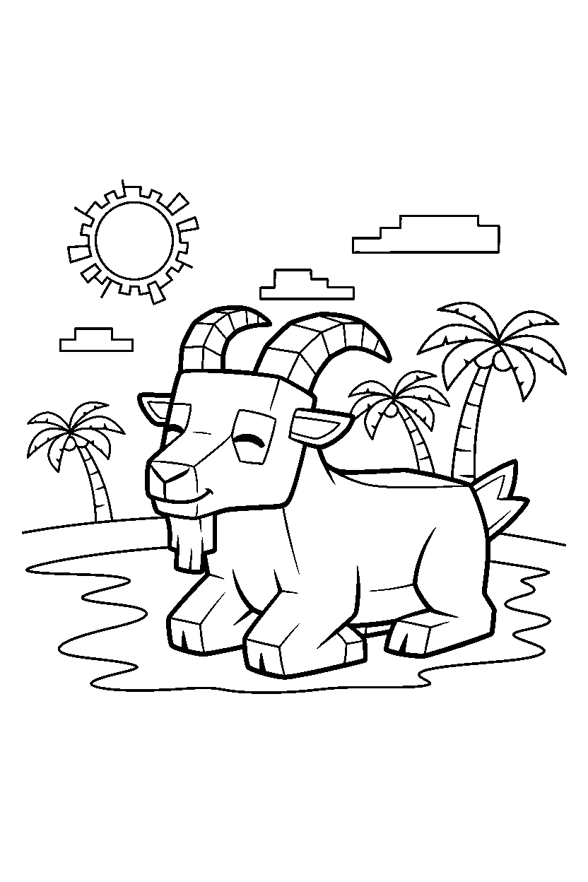 minecraft goat resting calmly on a beach line art
