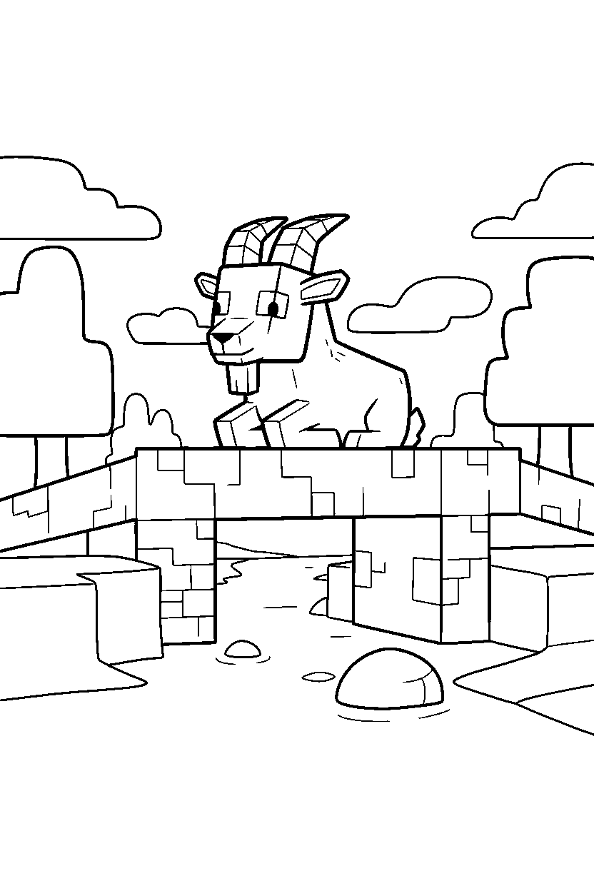 minecraft goat sitting calmly on a bridge line art