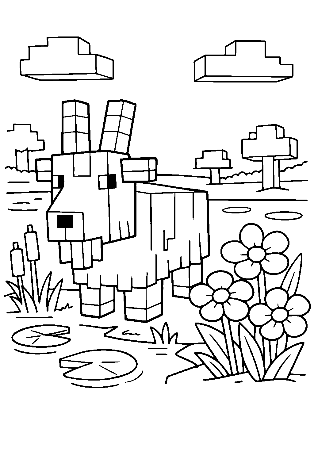 minecraft goat standing near flowers in a swamp line art