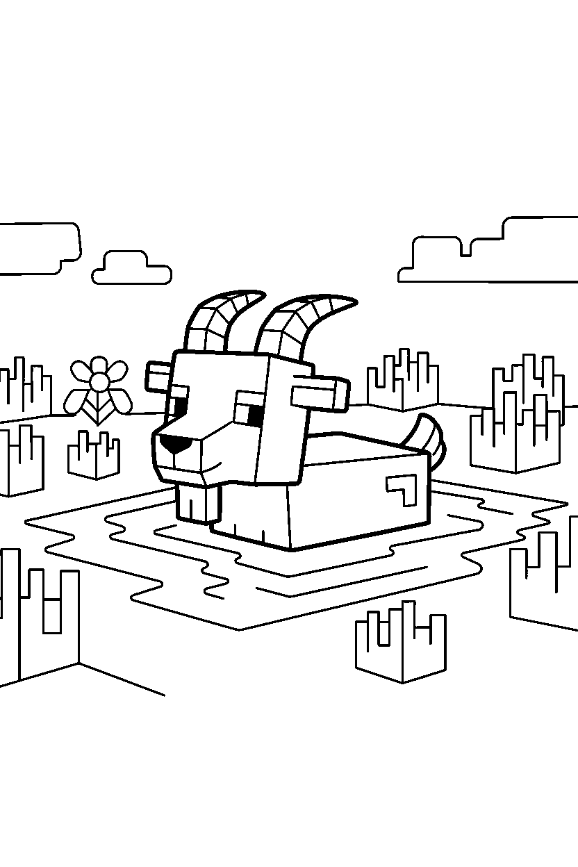 minecraft goat swimming calmly in a meadow line art