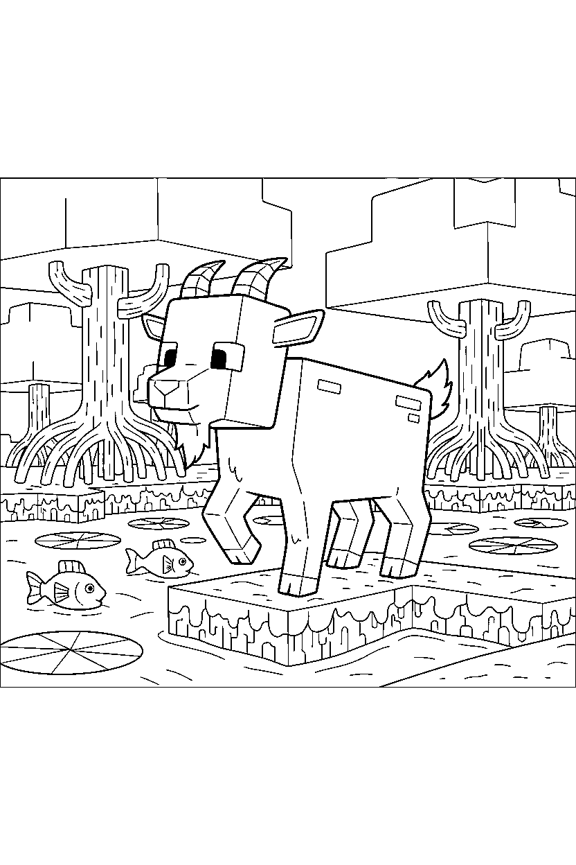 minecraft goat wandering curiously in a mangrove swamp line art