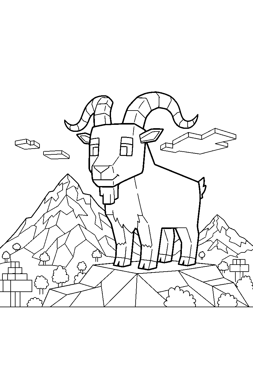 minecraft goat wandering curiously in mountains line art