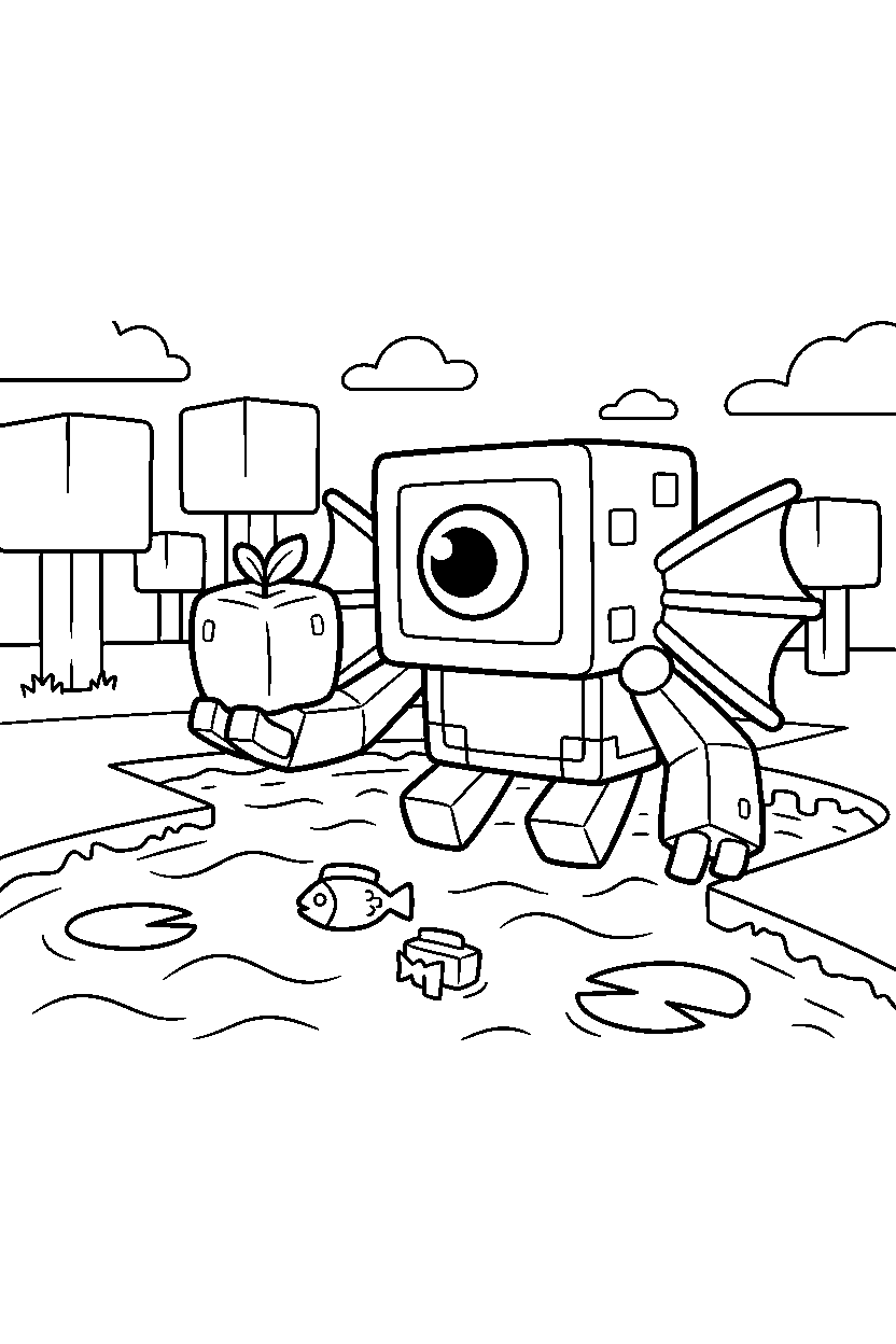 minecraft guardian holding an apple near a river line art