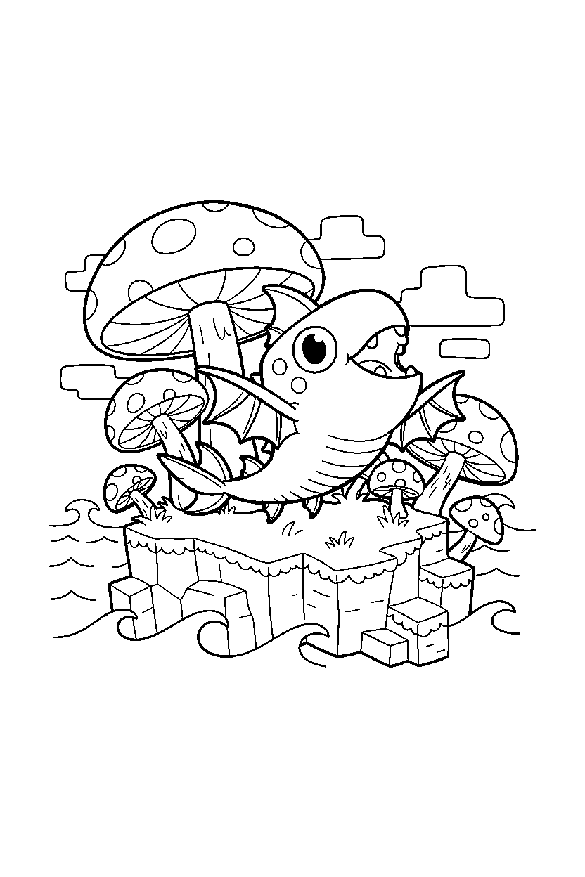 minecraft guardian howling playfully on a mushroom island line art
