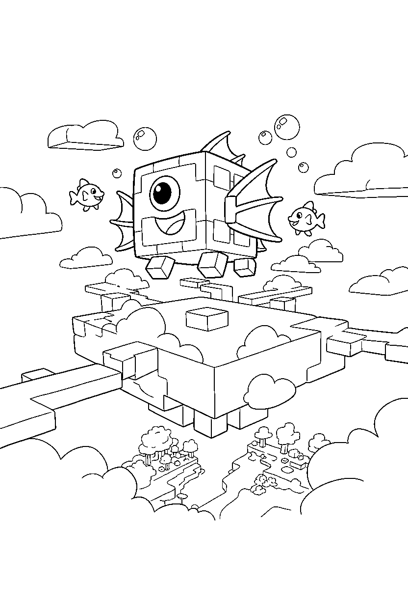 minecraft guardian playing happily in a sky base line art