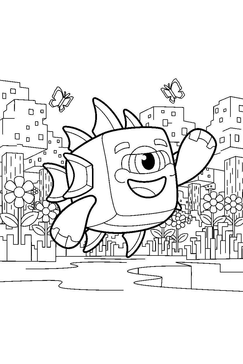 minecraft guardian posing happily in a flower forest line art
