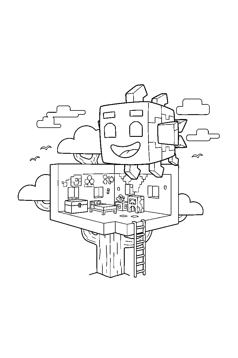 minecraft guardian posing happily in a treehouse base line art