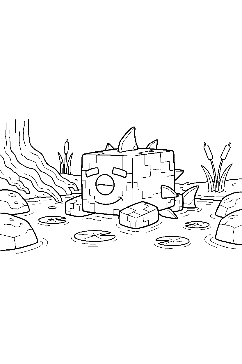 minecraft guardian relaxing peacefully in a swamp line art