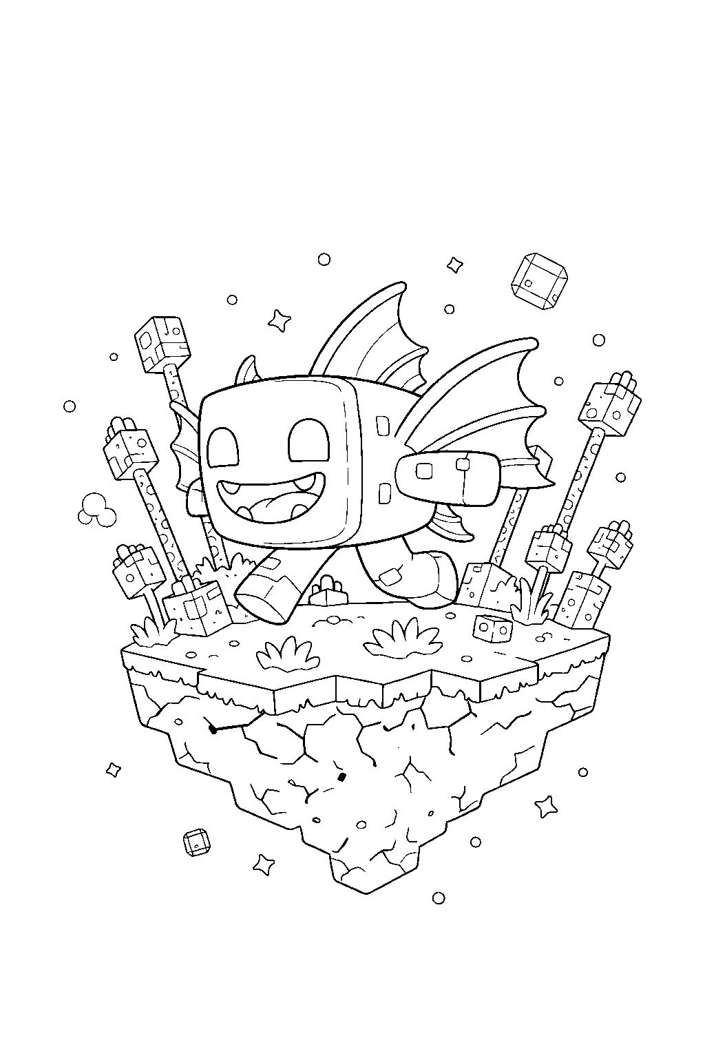 minecraft guardian running happily on an end island line art