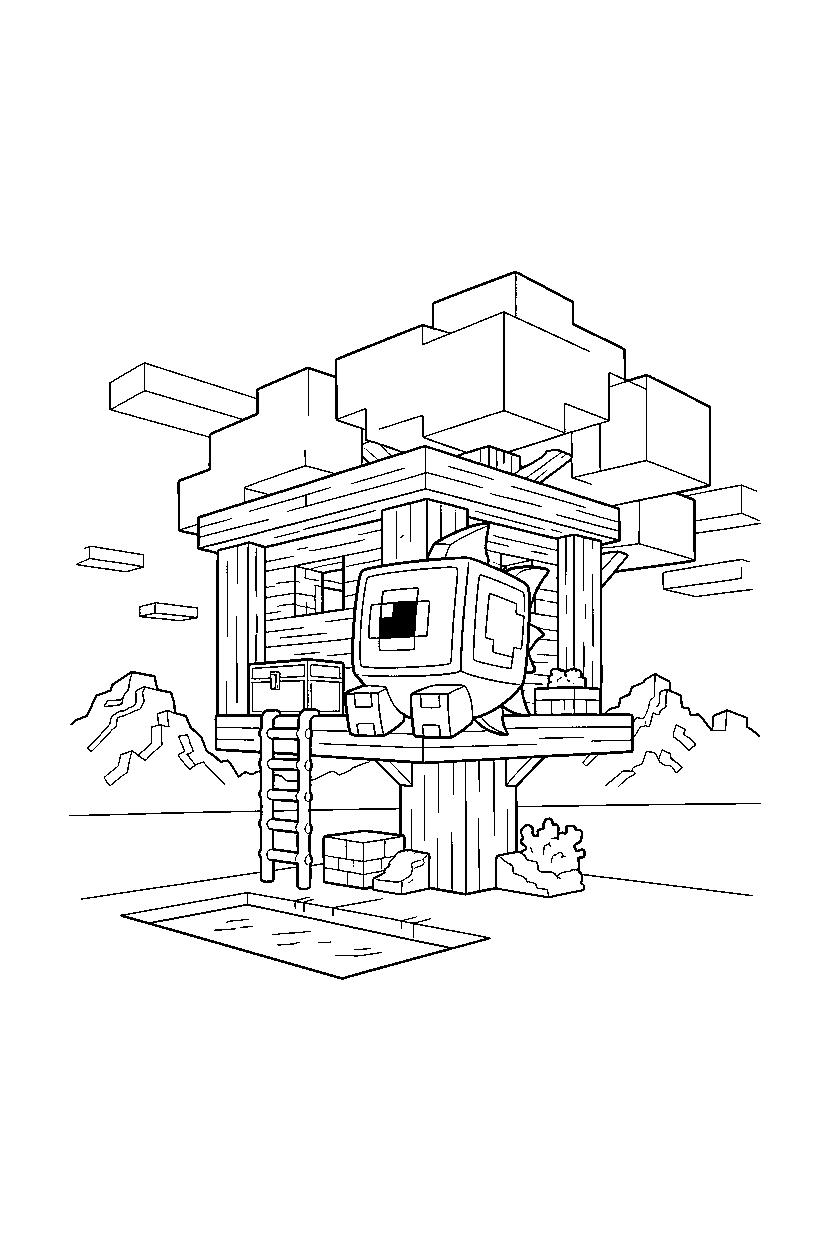 minecraft guardian sitting calmly in a treehouse base line art