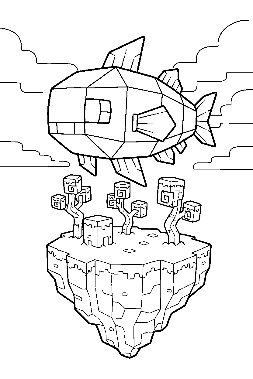 minecraft guardian swimming calmly on an end island line art