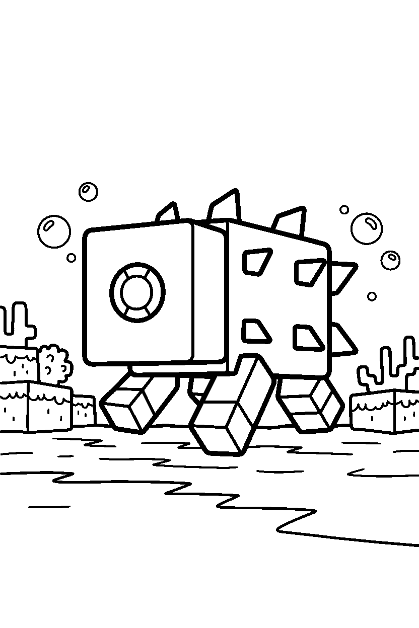 minecraft guardian walking slowly in ocean line art