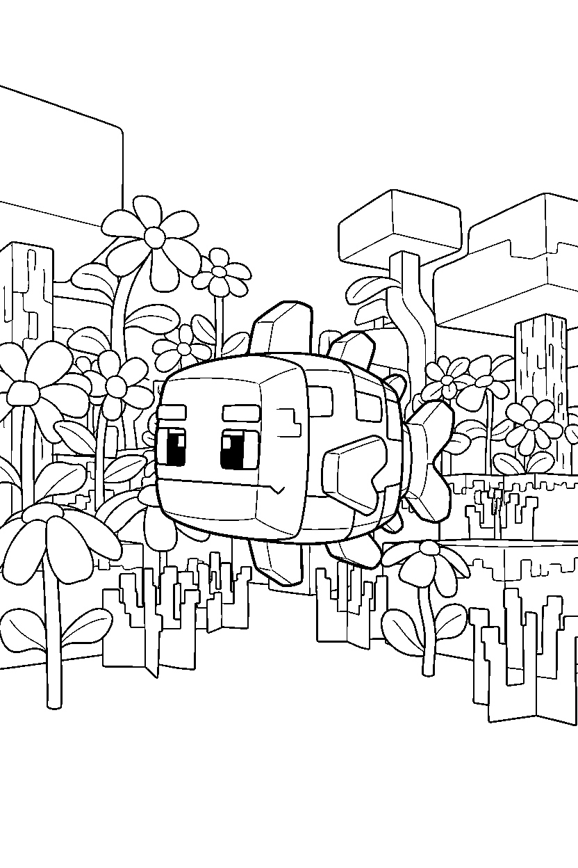 minecraft guardian wandering curiously in a flower forest line art