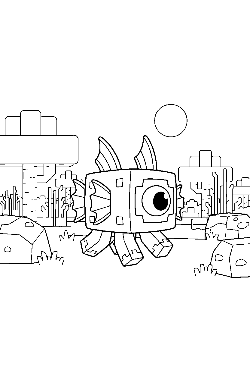 minecraft guardian wandering curiously in a savanna line art