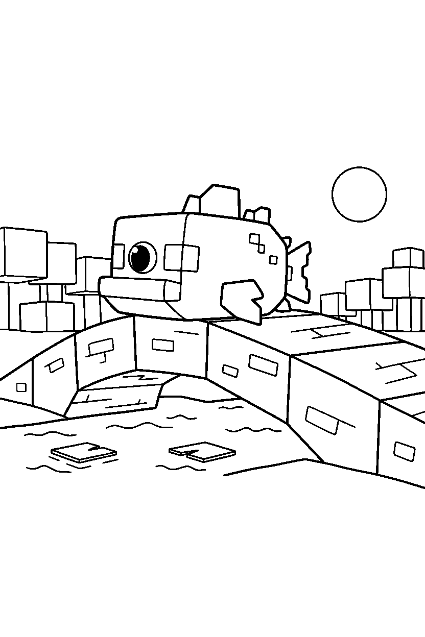 minecraft guardian watching calmly on a bridge line art