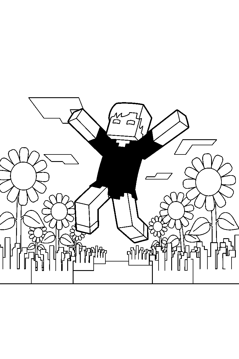 minecraft herobrine jumping playfully in sunflower plains line art