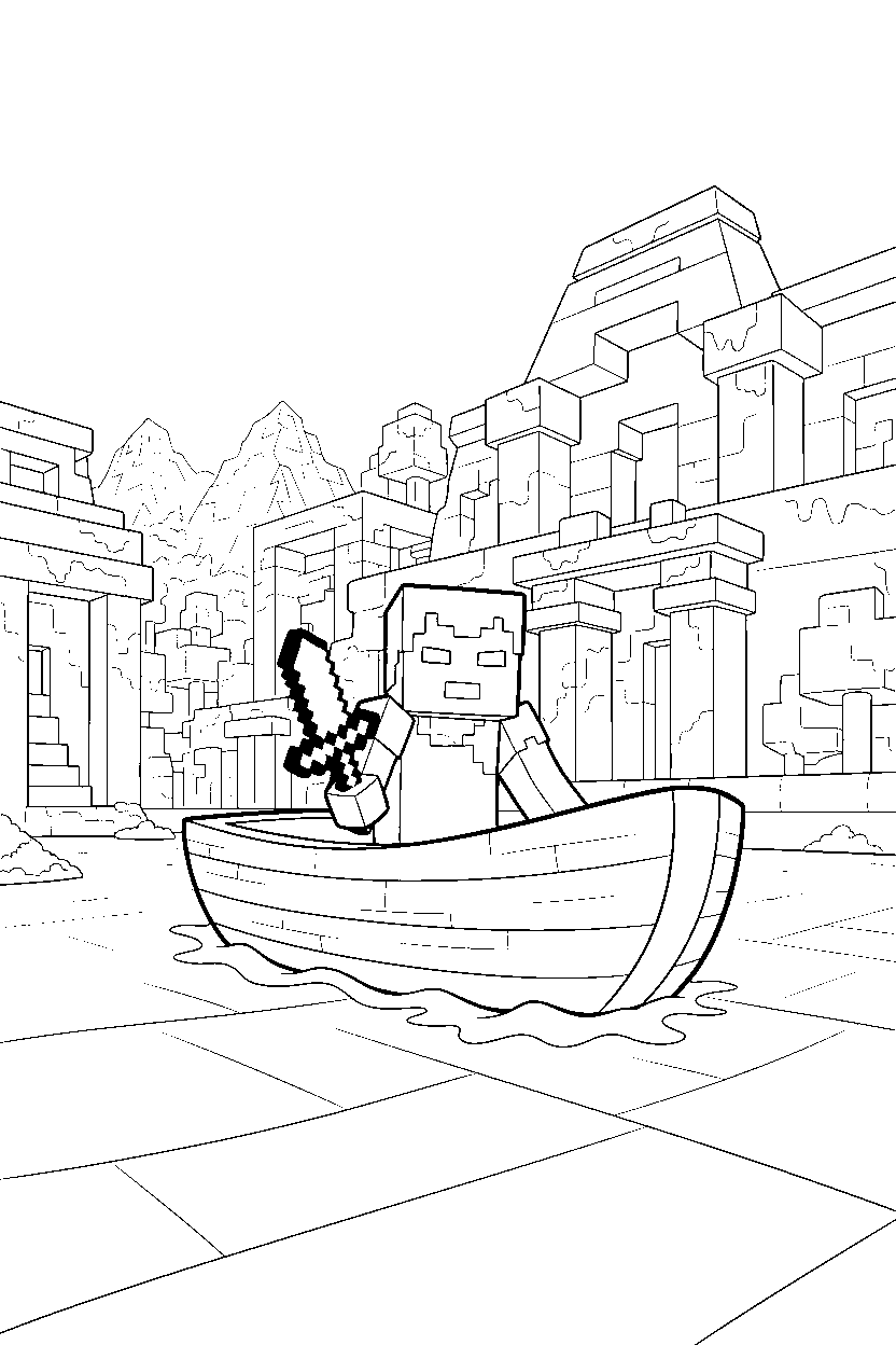 minecraft herobrine riding a boat in an ancient city line art