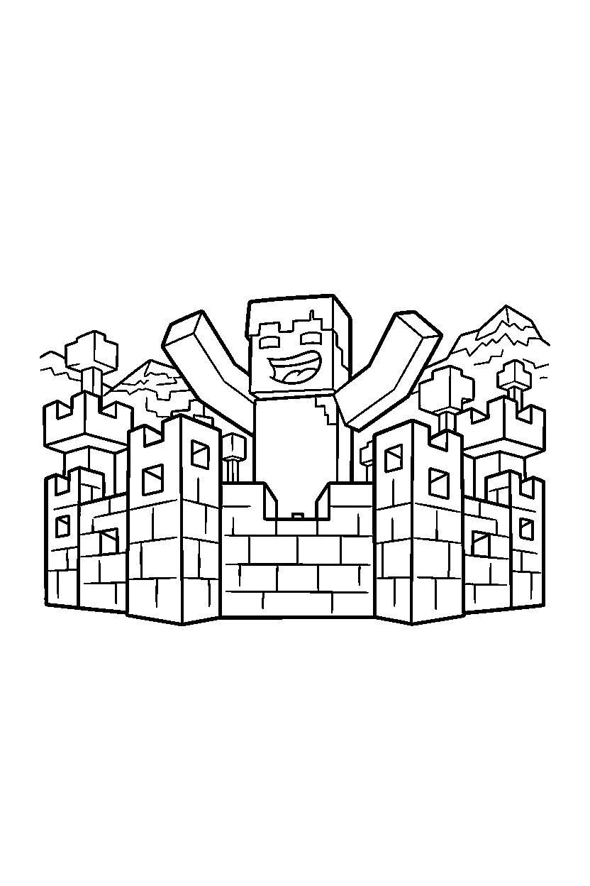 minecraft herobrine roaring playfully in a castle base line art