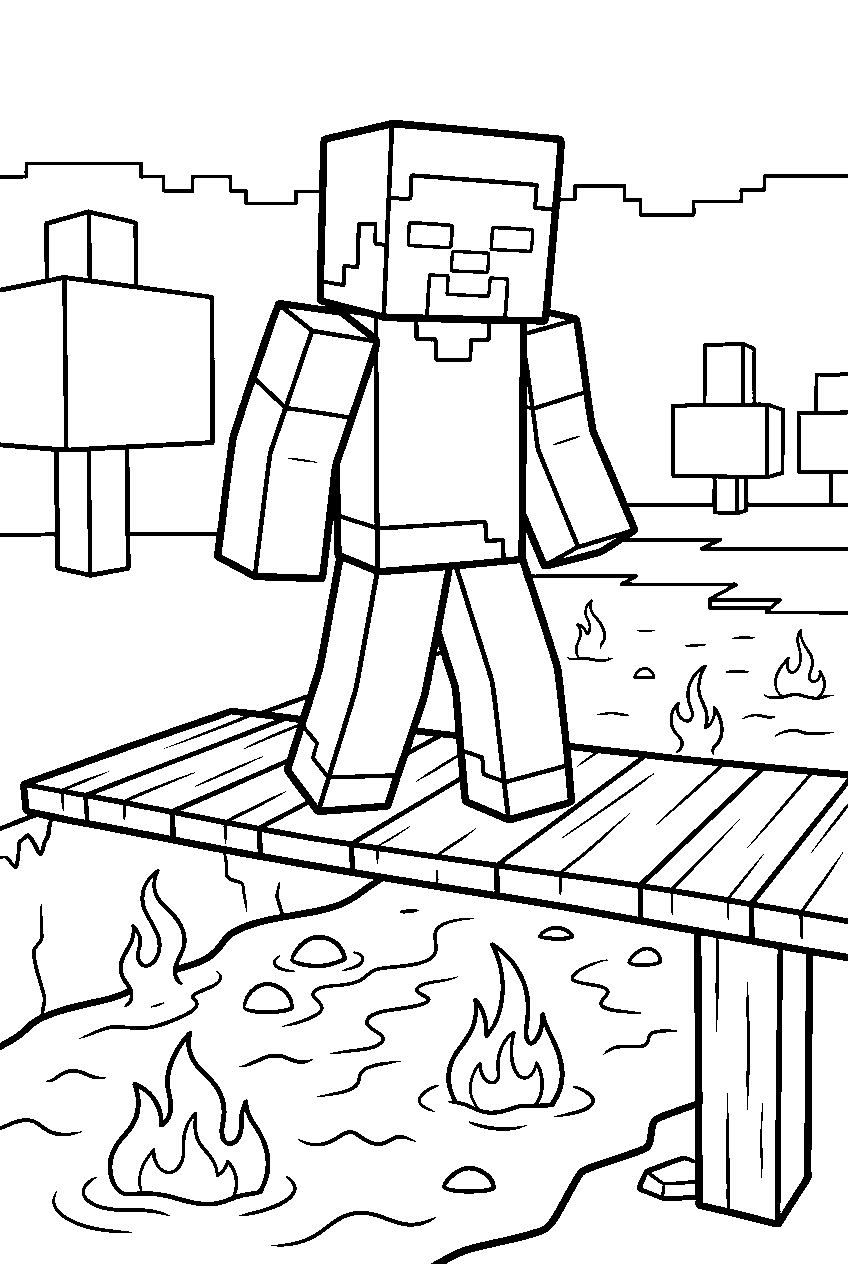 minecraft herobrine standing on a bridge near a lava lake line art