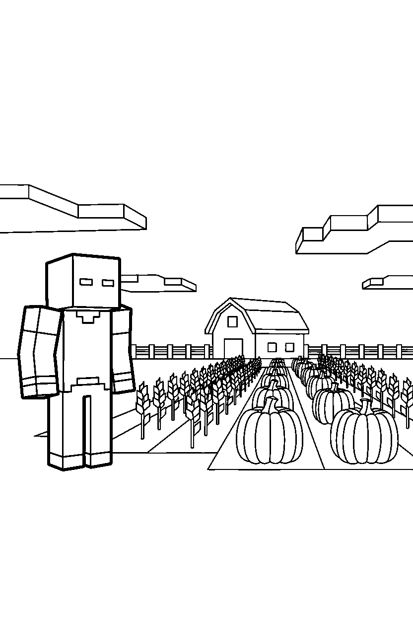 minecraft herobrine watching calmly near a farm field line art