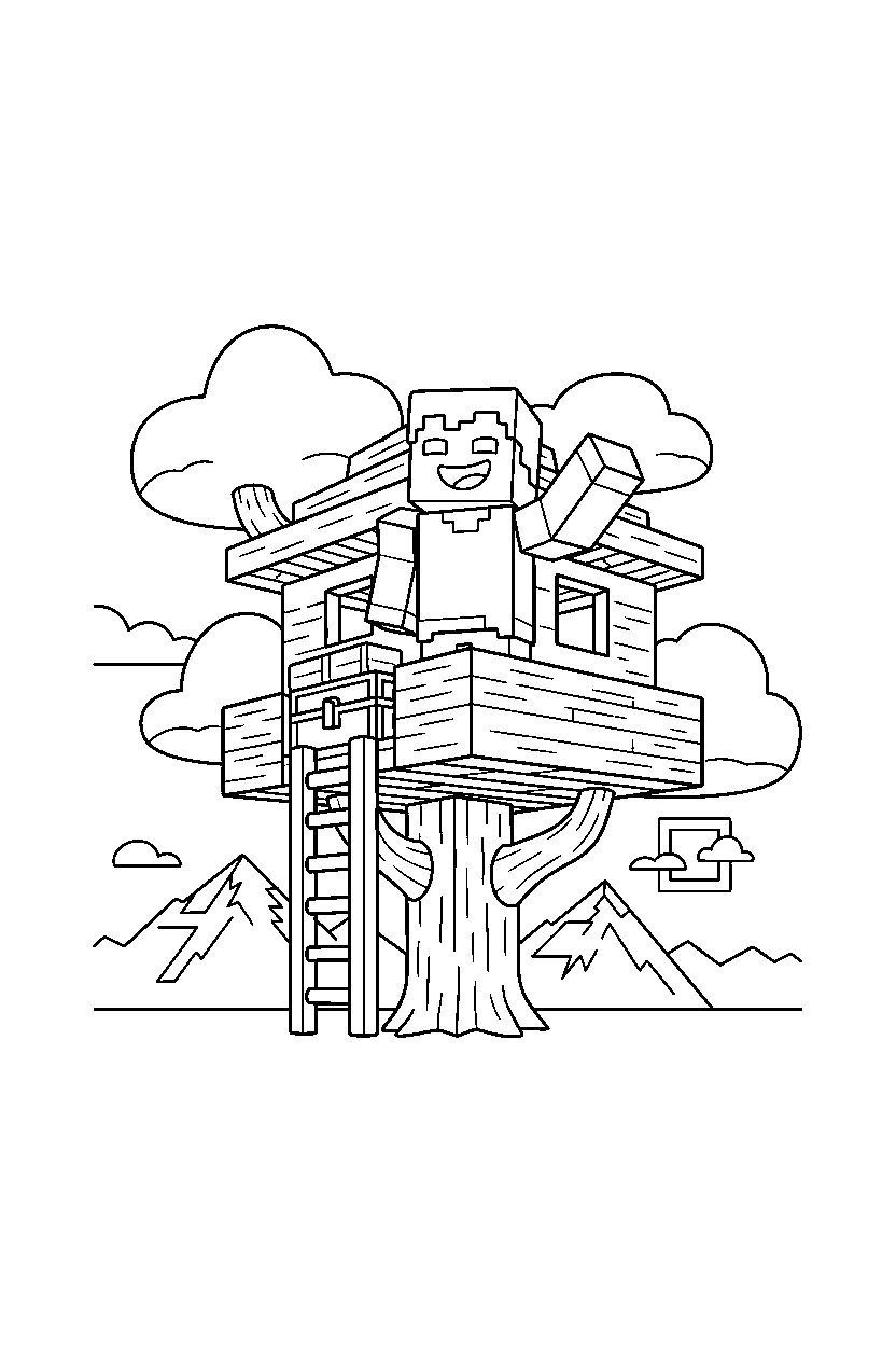 minecraft herobrine waving happily in a treehouse base line art