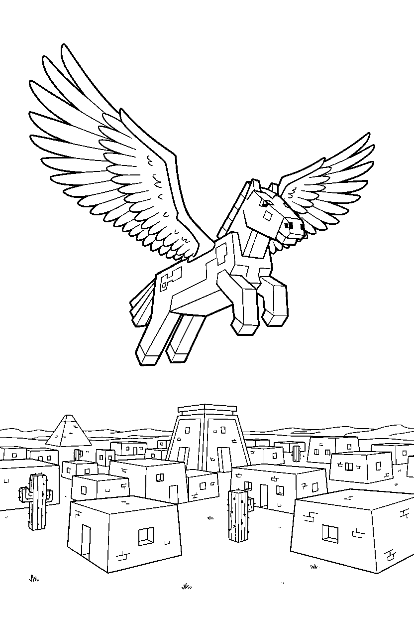minecraft horse flying in a desert village line art