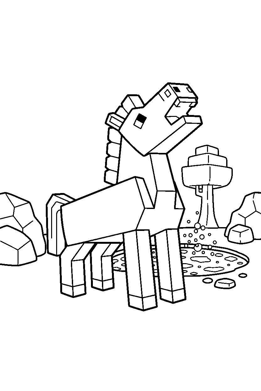 minecraft horse howling playfully near a lava lake line art