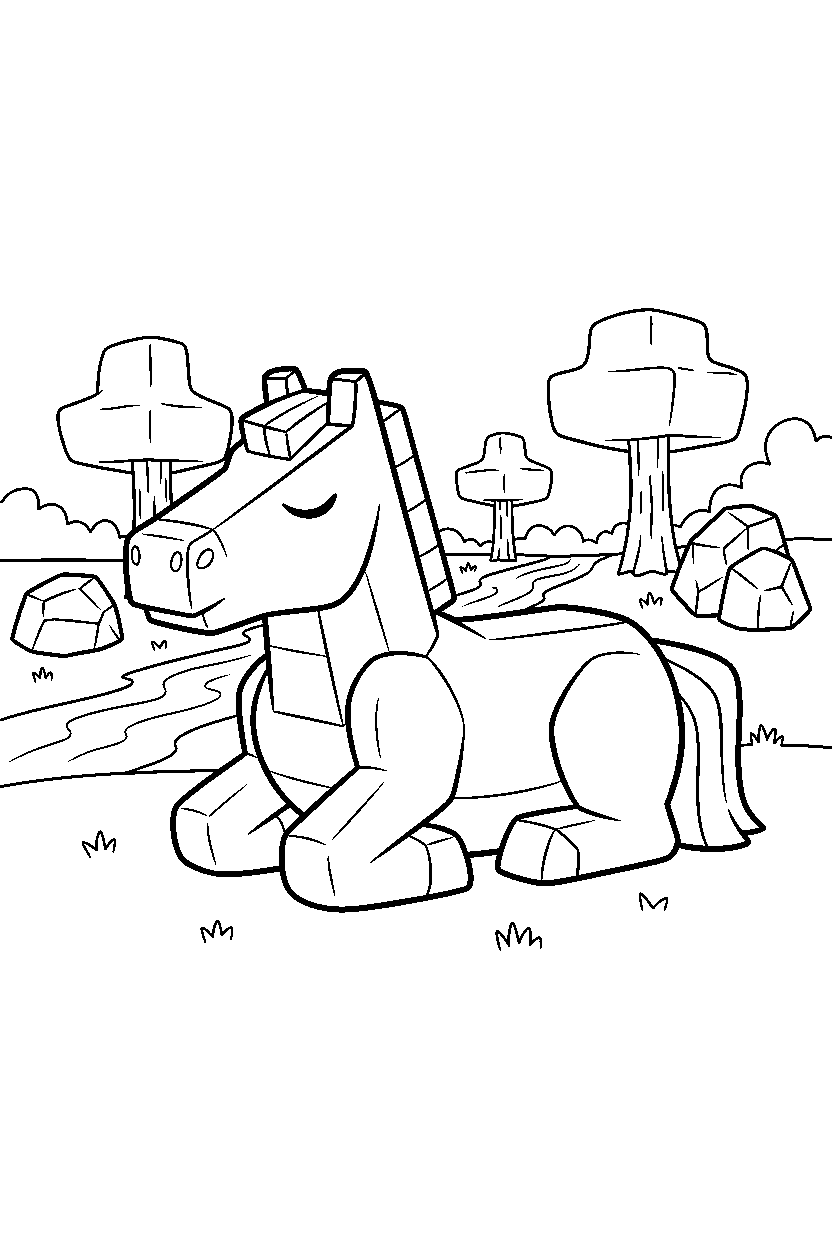 minecraft horse relaxing peacefully in a forest line art