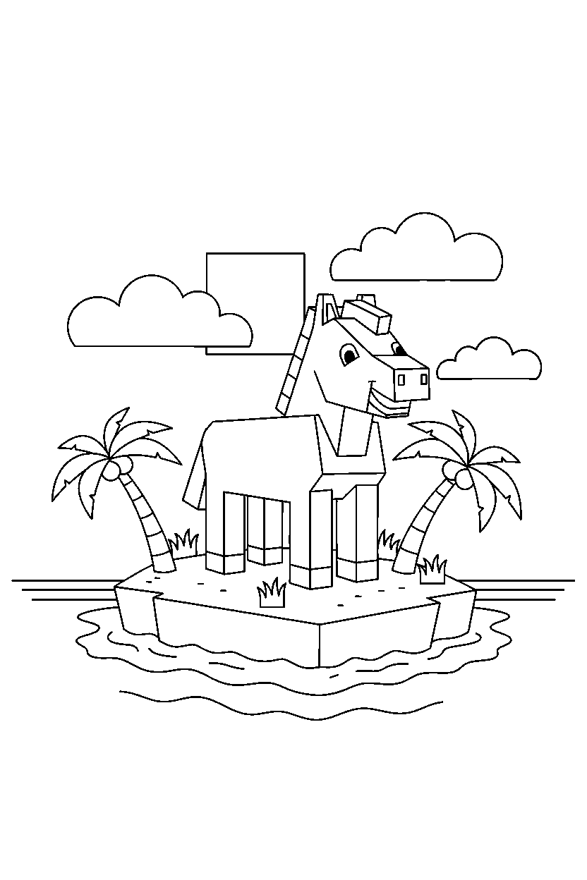 minecraft horse smiling on small island line art
