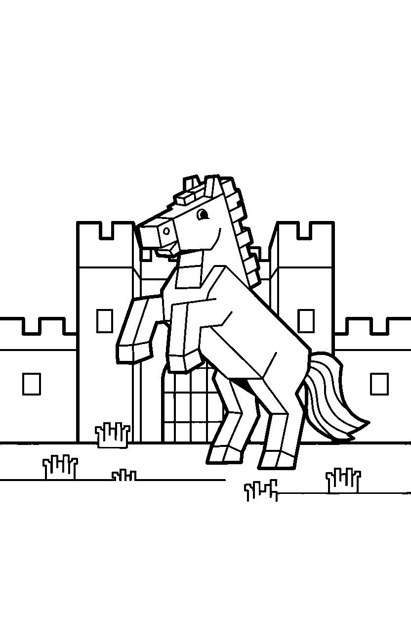 minecraft horse stomping playfully in a castle base line art